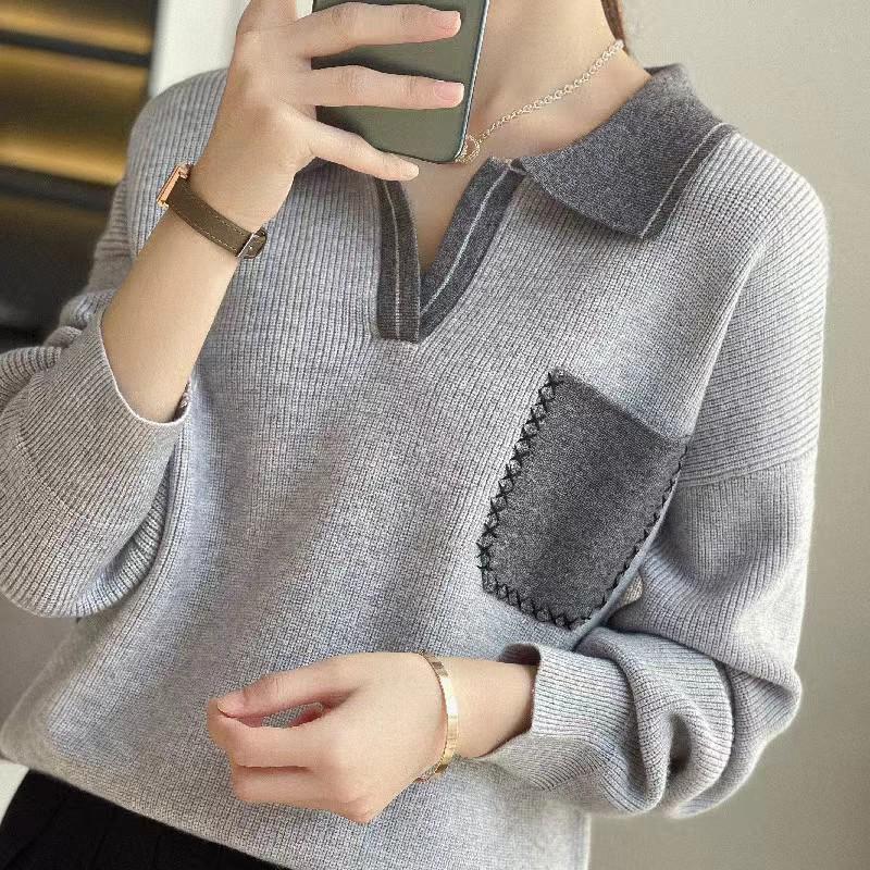 

Женский уютный вязаный свитер с цветными блоками: Пуловер с длинными рукавами и отворотом – теплый, свободный крой для осени и зимы Extra Large серый