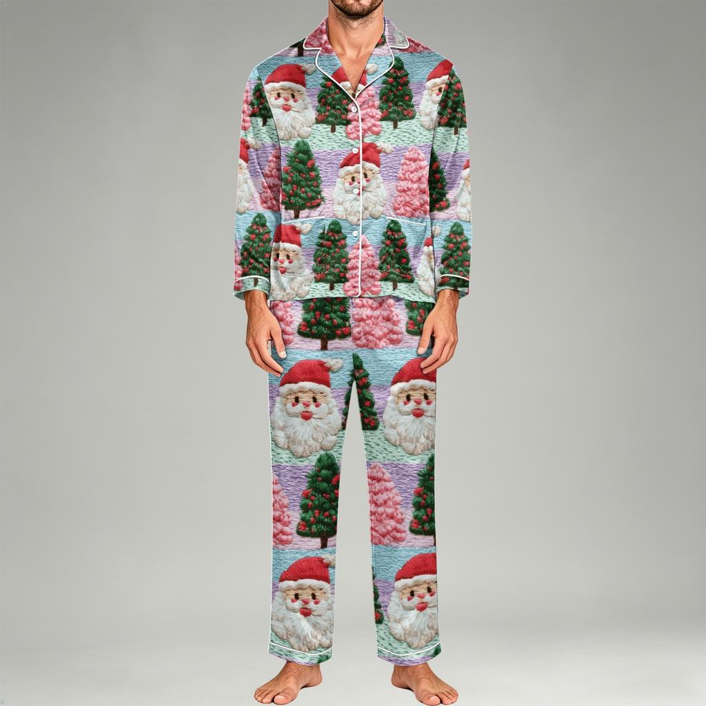 Men's Pajama Set Long Sleeve Button-Down Top and Pants Set for Home Sleepwear