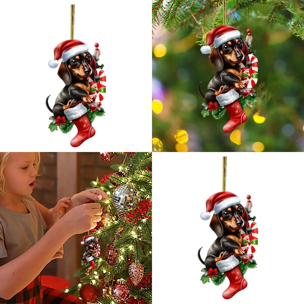 Acrylic Christmas Dachshund Car Pendant With Cute Cartoon Style For Auto Interior Decor