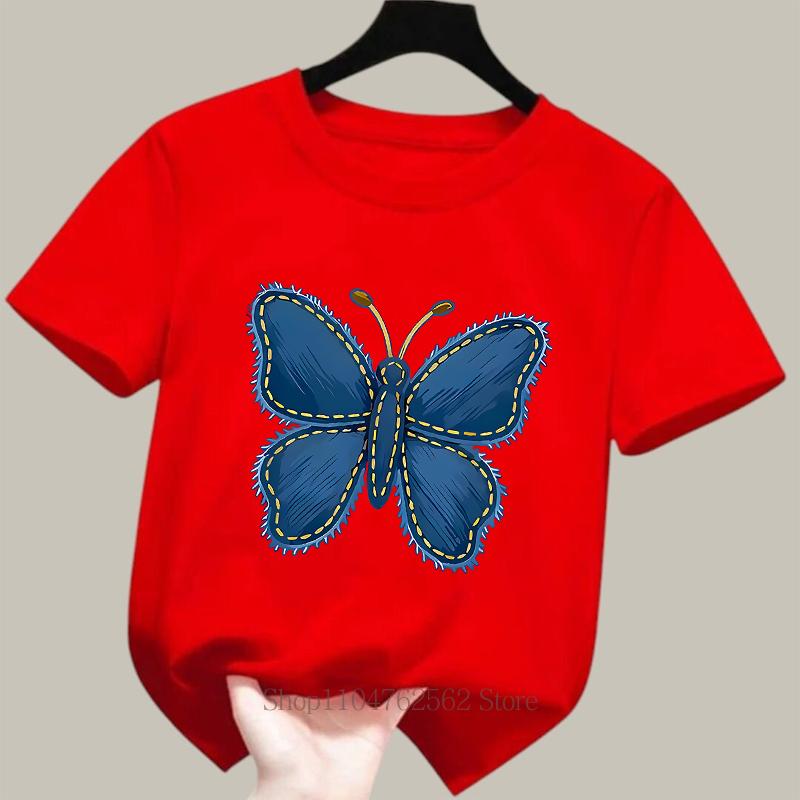 Blue Butterfly Print Children Clothing Girls Summer Casual Fashion Cute Colorful Tops Kids Crew Neck Short Sleeve T-shirts