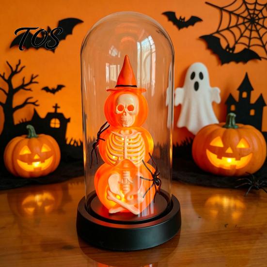 Halloween Window Display Pumpkin Skeleton Cloche Lamp, Lighted Stacking Skull In Clear Figurine Dome with Witch Hat for Tabletop Mantel, Party