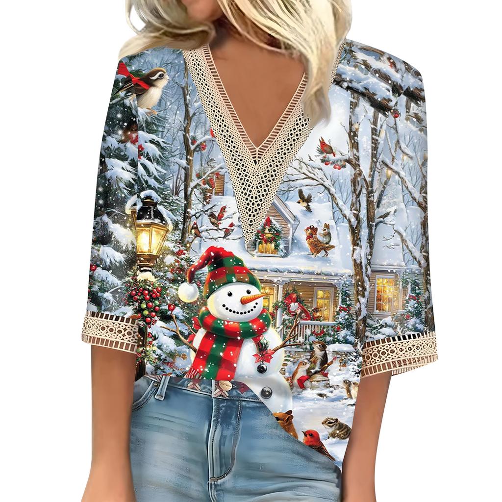 Women's Loose Casual Three-quarter Sleeve V-neck Lace Loose Christmas Print T-shirt Top