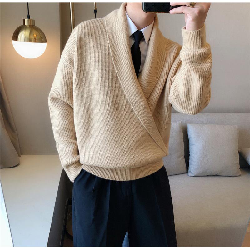 Мужской повседневный корейский кардиган с глубоким V-образным вырезом - Осенне-зимний однотонный вязаный свитер 3XL хаки 3090₽