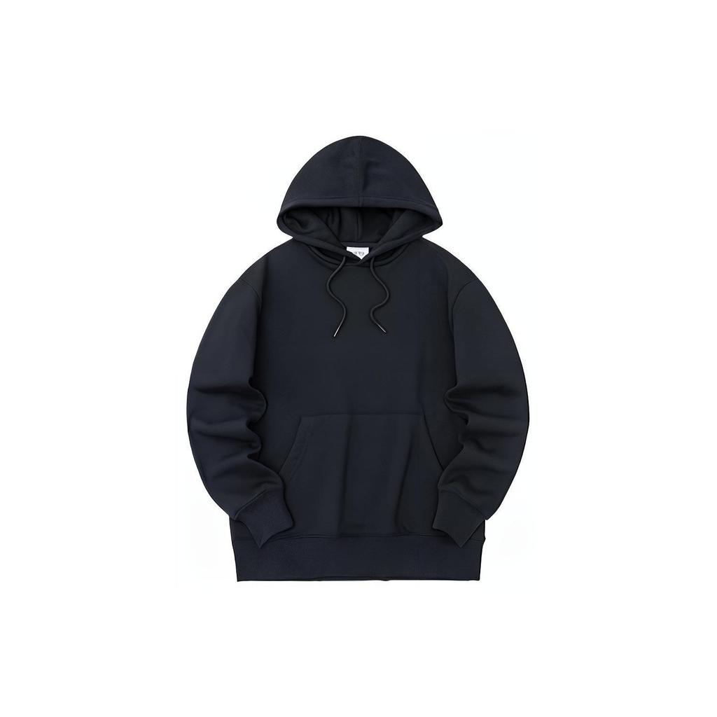 Anta Solid Color Kangaroo Pocket Drawstring Hoodie with Long Sleeves Unisex Hoodie Black 172238713-3