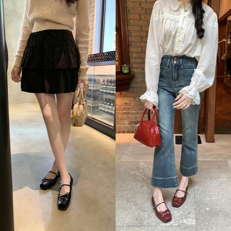 Sheepskin version~ Horse buckle pig nose single shoes bow flat ballet shoes women's Mary Jane shoes