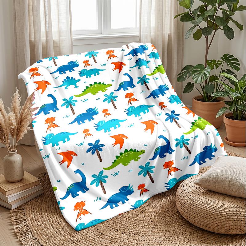 Vibrant Dinosaur Illustration Theme Blanket Lightweight Warm Flannel Blanket Decorative Throw Blanket for Home Decoration