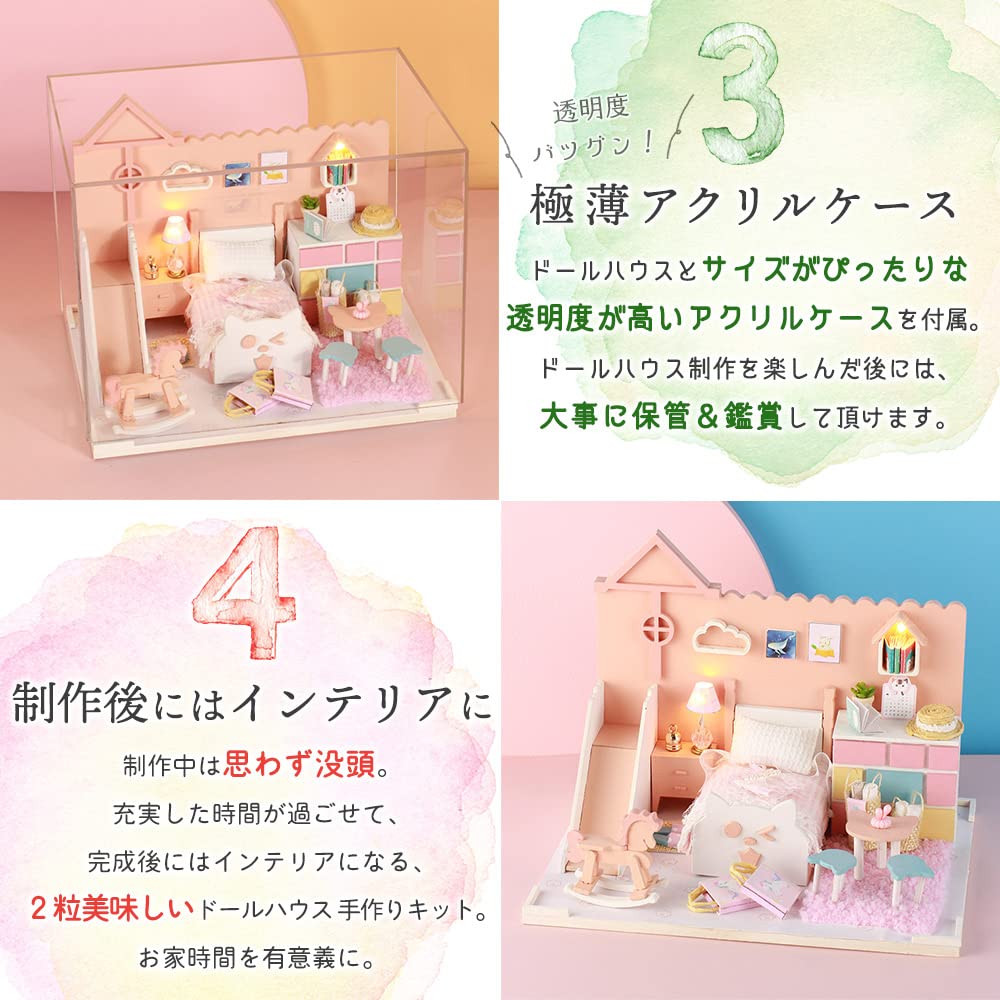 Moin moin Scale Puppenhaus Anleitung Miniatur DIY Bausatz Set mit Katzenbett und Katzen LED Licht Acrylbox Katze 2109DH290 1/24 [Japanisch Enthalten] Schiebe,