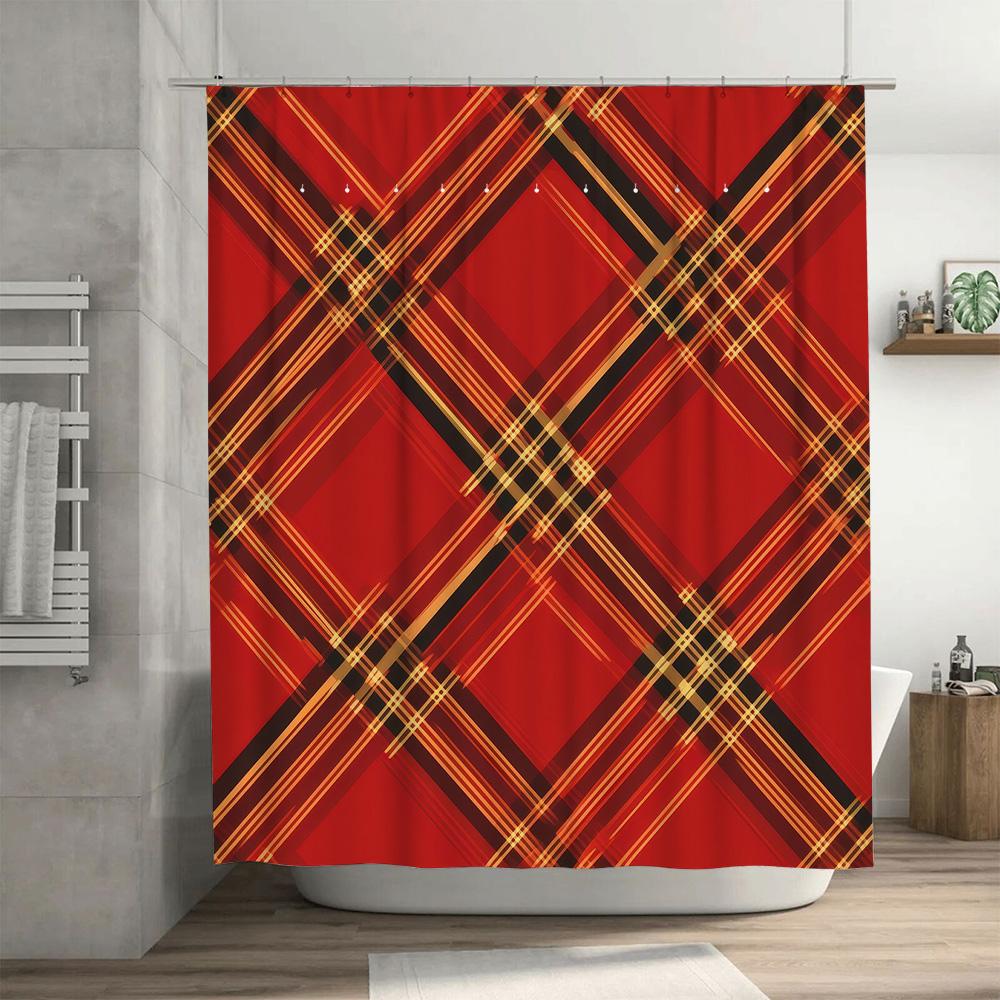 Classic Plaid Shower Curtain Waterproof Home Decor Bathroom Decorative Rug Cloth Fabric for Bathtub Curtains in Red and Beige Co