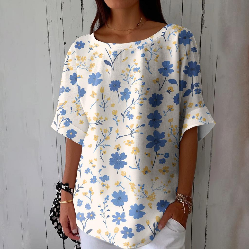 Women's Fashionable Casual Round Neck Printed Top Loose Top Printed Top Loose Top