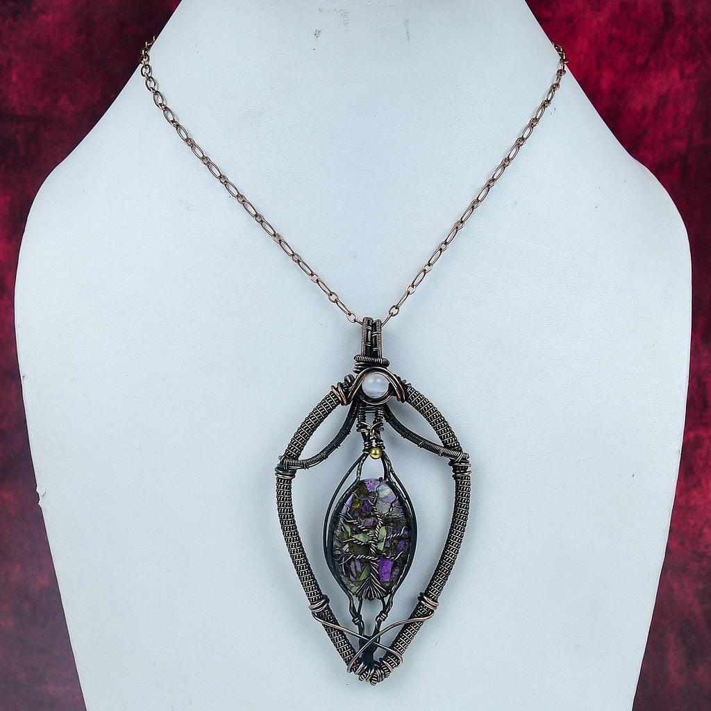 Tree Of Life Copper Stichtite Gemstone Pendant Rainbow Moonstone Pendant Copper Wire Wrapped Pendant