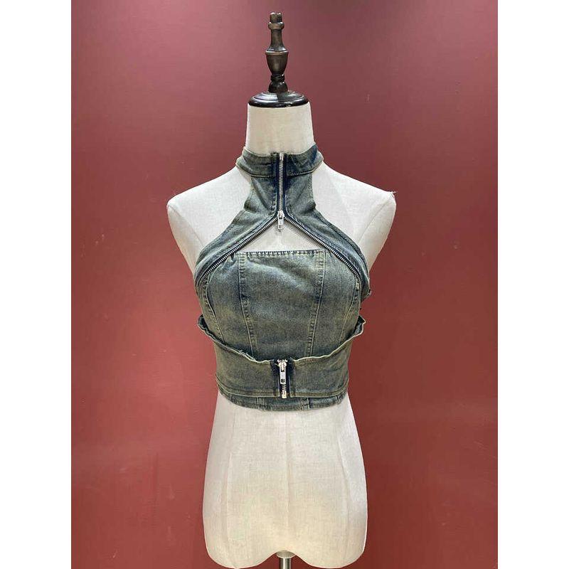 Fall 2024 New Arrival American Sexy Denim Tube Top Vest Female Stylish Cut Out Zipper Halterneck Short Tops