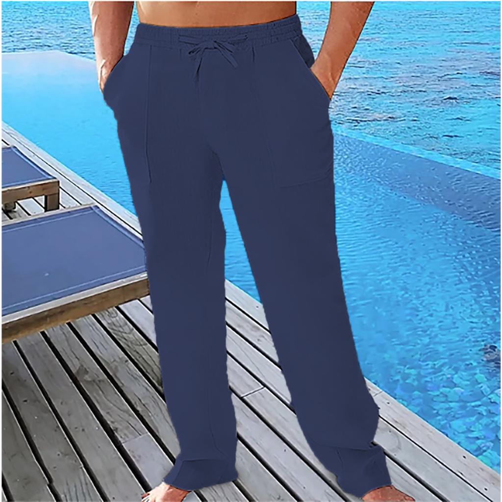 Cross-border men's casual summer breathable pants waist drawstring pockets cotton and linen trousers beach pants