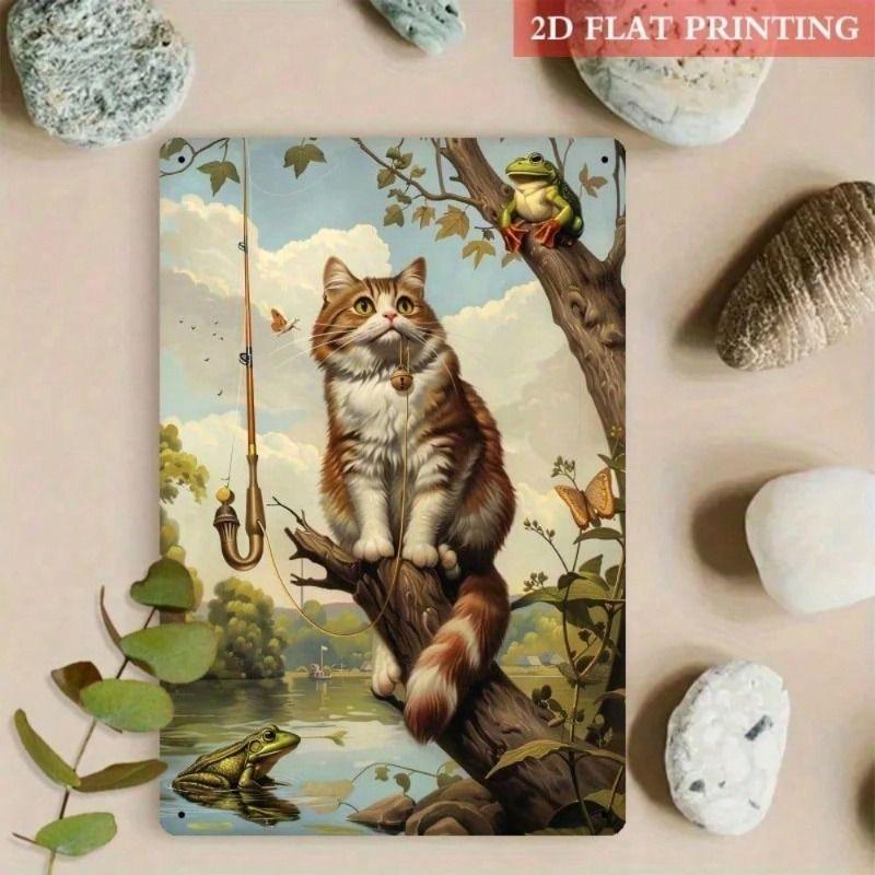 Vintage Cat Fishing Metal Wall Poster for Kitchen