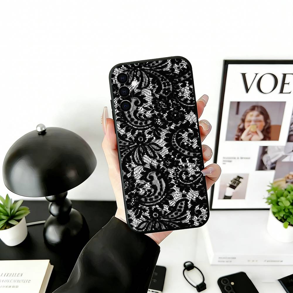 B-Black Lace Print Phone Case For Samsung Galaxy A73,A72,A71,A70,A53,A52,A51,Others Soft Black Cover