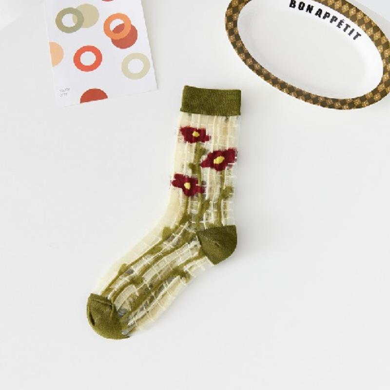 Ultra-thin Transparent Crystal Silk Socks Women Fashion Summer Harajuku Crew Socks Retro Flower Streetwear Elastic Long Socks