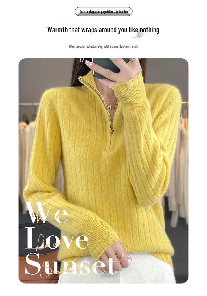 Women's Heavy-Duty Half-Zip Cable Knit Wool Sweater - Warm, Thickened Stand Collar for Autumn & Winter