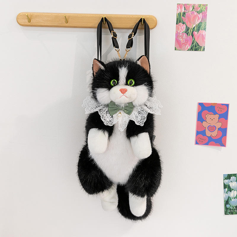 Lovely Simulation Animal Cat Backpack Fluffy Plush Unisex Double Shoulder Bag Birthday Surprise Gift