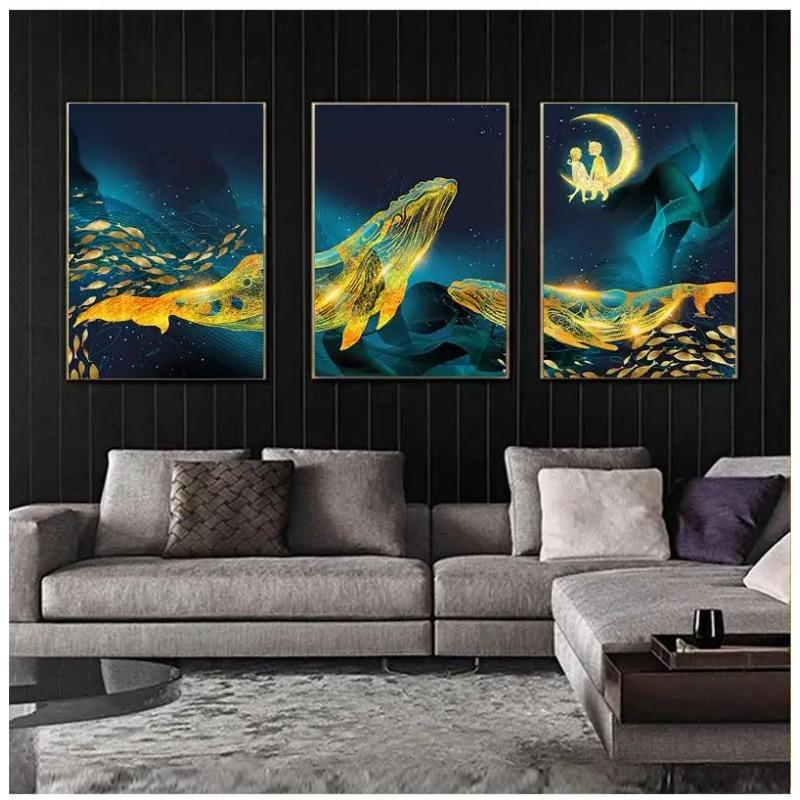 Afiș de pictură artistică cu balenă de aur și mare și poză de imprimare pe perete, terasa, decorare, pânză scandinavă, imprimare artistică cu ridicata