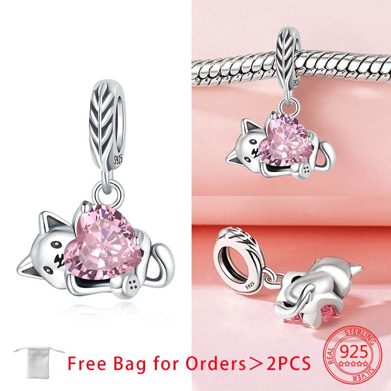 Anniversary Charms Copper Pink Cat Love Heart Beads Fit Original Bracelets Beads Charms Jewelry Making Fine Jewelry Gift