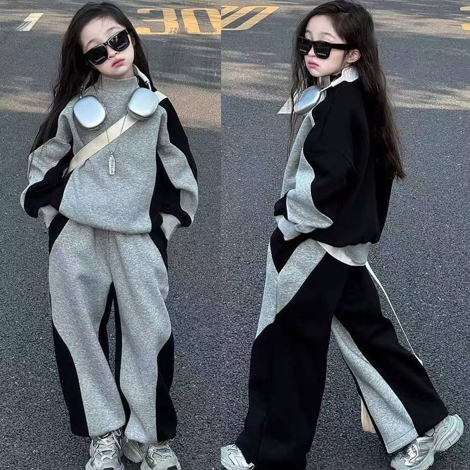 Autumn Winter Kid Girls Clothes Suit Child Patchwork Loose Sweatshirt T-shirt Top and Loose Pant Tracksuit