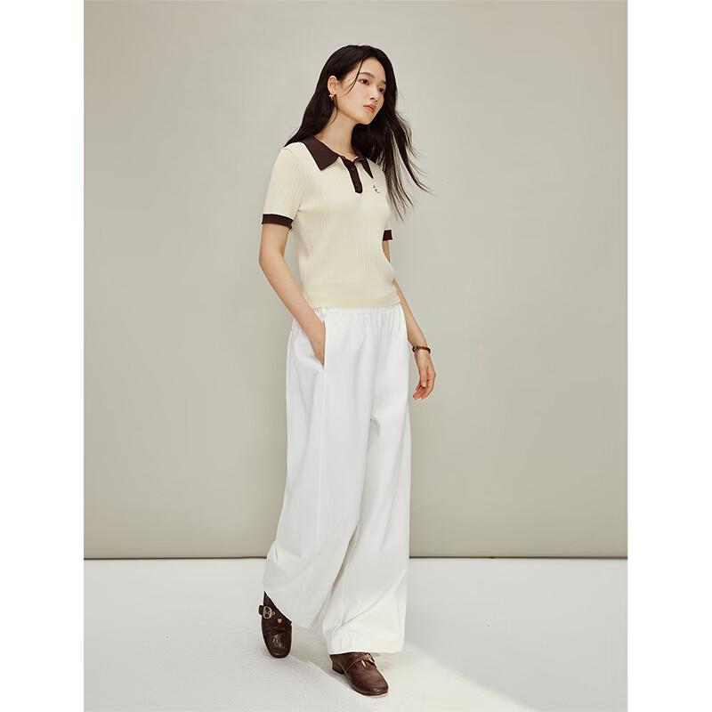 INMAN Women's Color Block Polo Collar Short Sleeve Knit Top