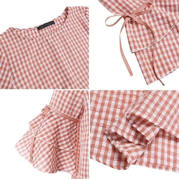 GMXIA Dámský top s volánovými rukávy a lemem, dámská sváteční kostkovaná košile