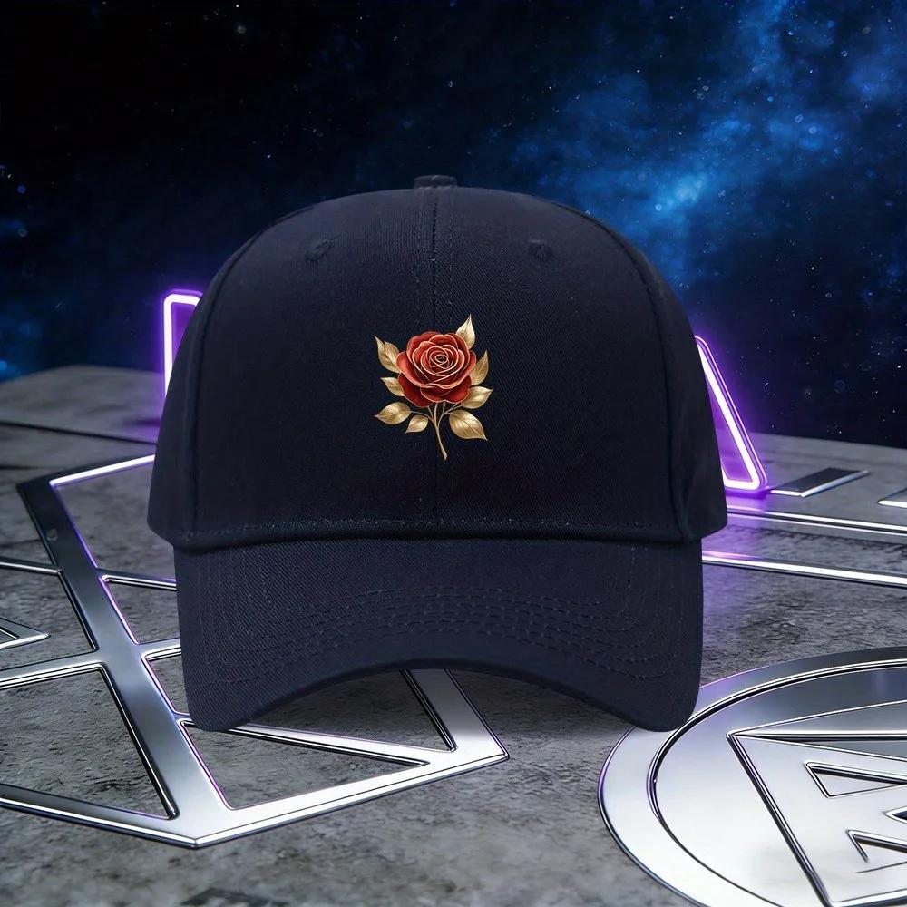Gold Rose Aufdruck Baseballkappe Unisex Polyester Lässig Verstellbar Sonnenhut