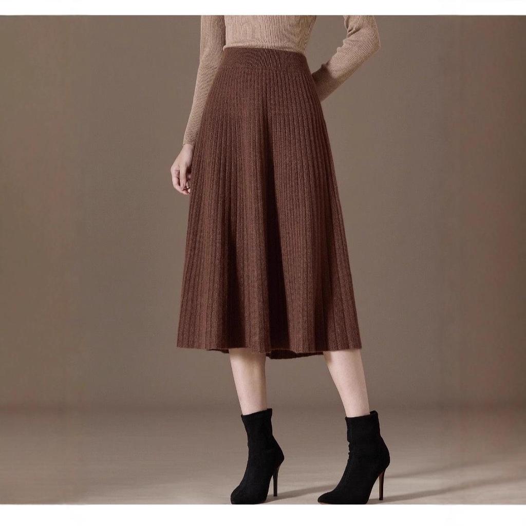 Autumn/Winter 2025 Pleated Midi Skirt - 100% Cashmere, Slimming, Solid Color, Versatile and Stylish.