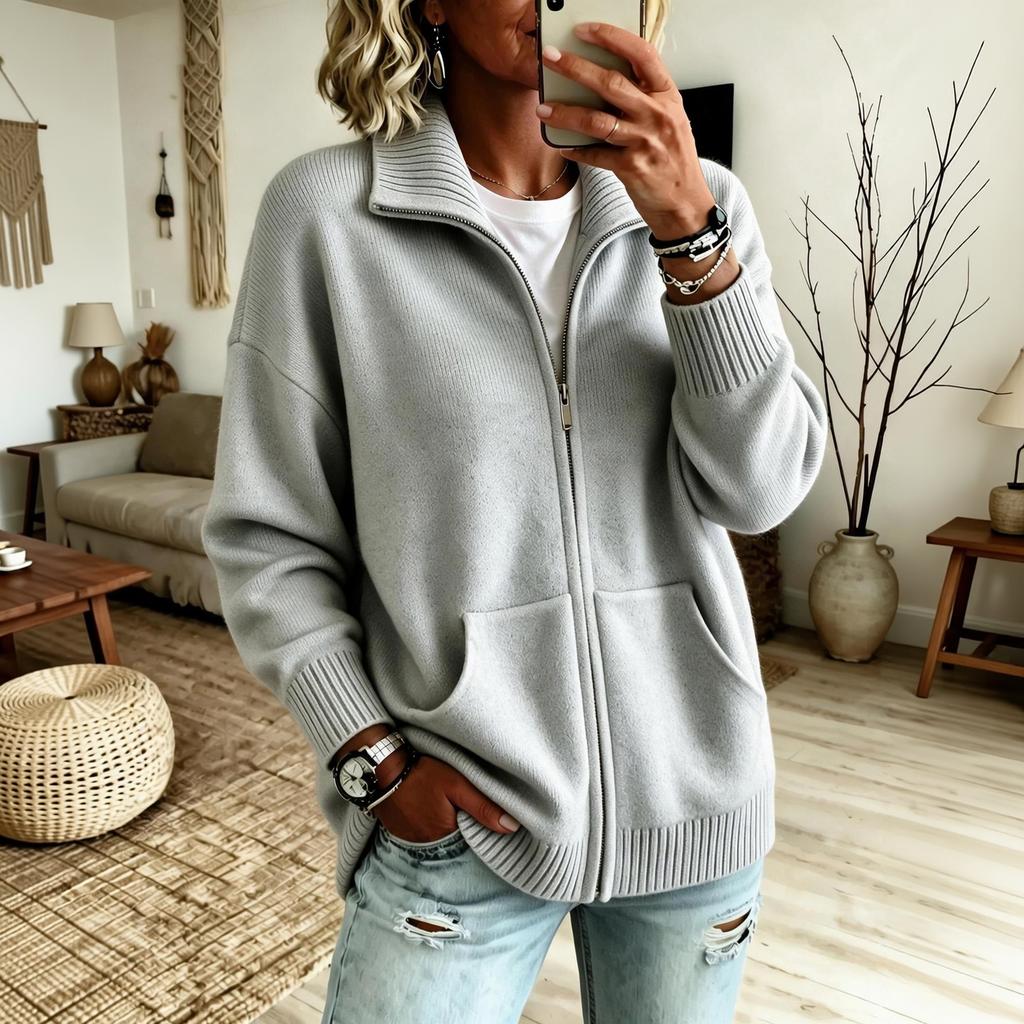Women's Knit Cardigan with Lapel Collar and Front Zipper, Casual Outerwear for Everyday Wear