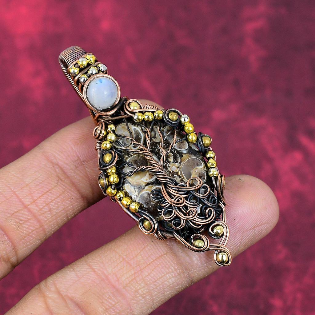 Livets träd turritella agat hänge koppartråd lindad smycke regnbågsmånsten ädelstenshänge handgjort kopparhänge presenter till honom