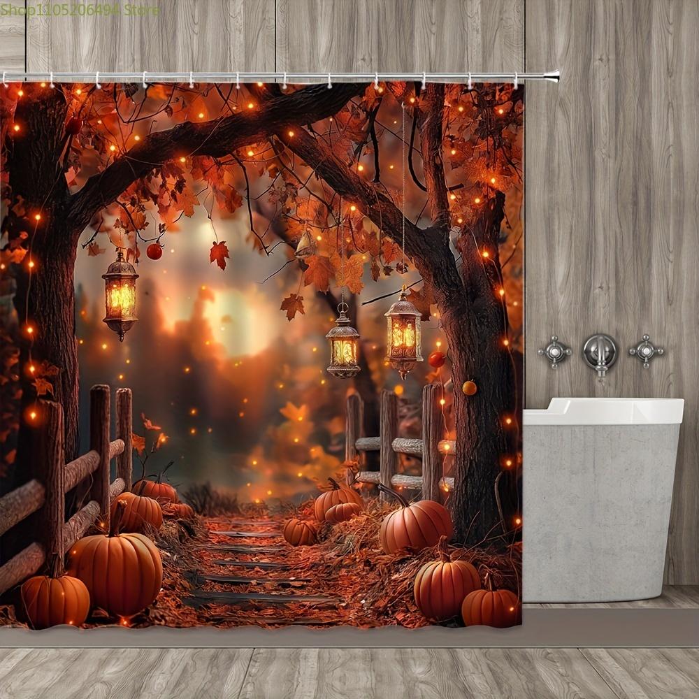 Autumn Pumpkin Maple Leaf Bath Curtain - Rustic Countryside Scene with Hanging Lanterns, 100% Polyester Machine Washable Showe