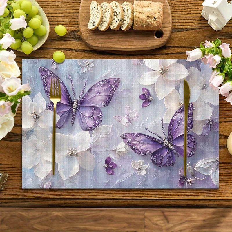 4pcs Linen Placemats Set, Elegant Purple Butterfly & Floral Design, 12x18 Inches - Ideal for Kitchen & Dining Room Decor, Home Gatherings, and Party