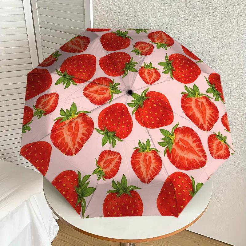 1pc strawberry pattern Automatic Folding Umbrella, Heavy Duty 8 Rib Iron Frame,  Suitable for Travel, Daily Use, Birthday, Decor Gift m0104005