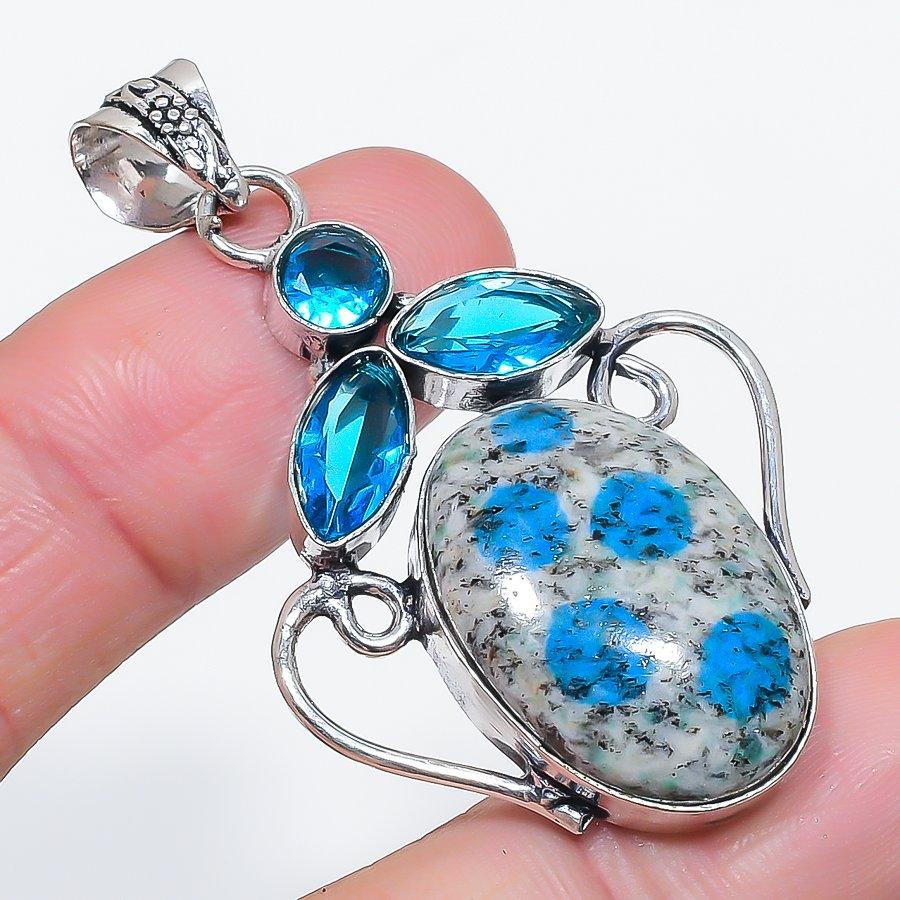 Natural K2 Blue Azurite, Topaz 925 Sterling Silver Jewelry Pendant 2.17" O1z60
