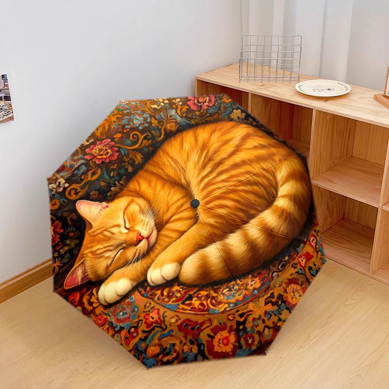 1 PC Automatic Folding Umbrella - Sleeping Orange Cat Pattern, Portable & Foldable Design with 8 Ribs, Christmas Birthday Gifts