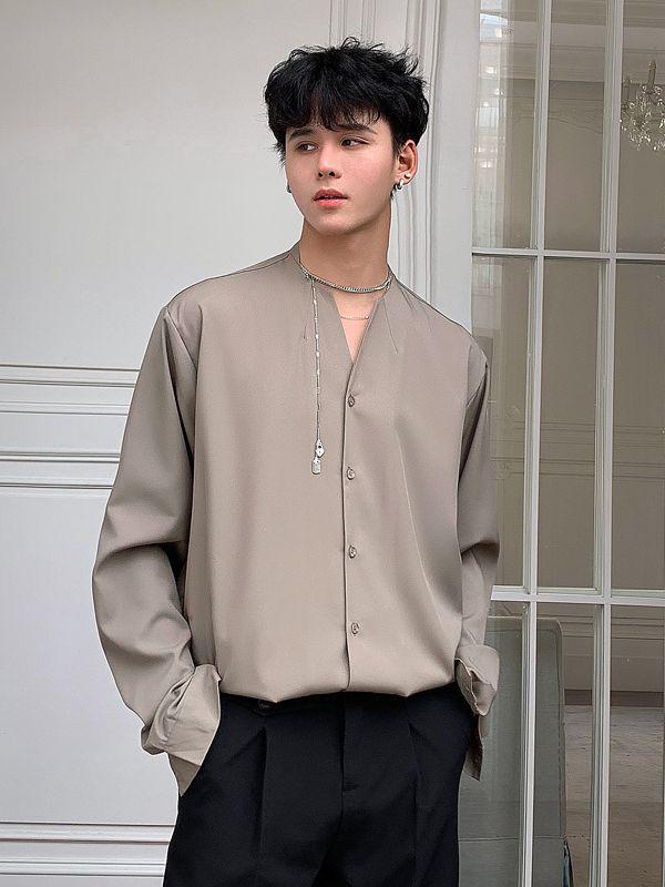 Men's Early Autumn Trendy Korean Ice Silk Long Sleeve Shirt