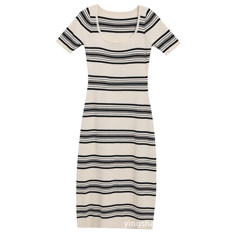 

Летнее вязаное А-силуэтное платье с квадратным вырезом и полосками - Французский стиль с короткими рукавами One Size белый