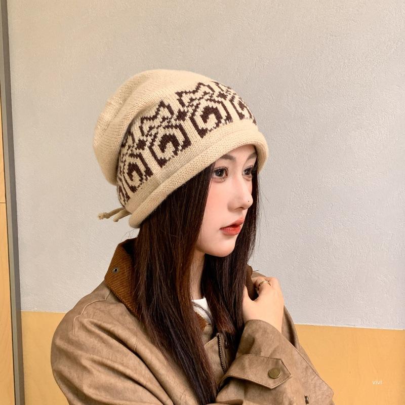 Fashion color matching crimped stacking hat women's knitted jacquard bag hat autumn and winter warm cover wool hat