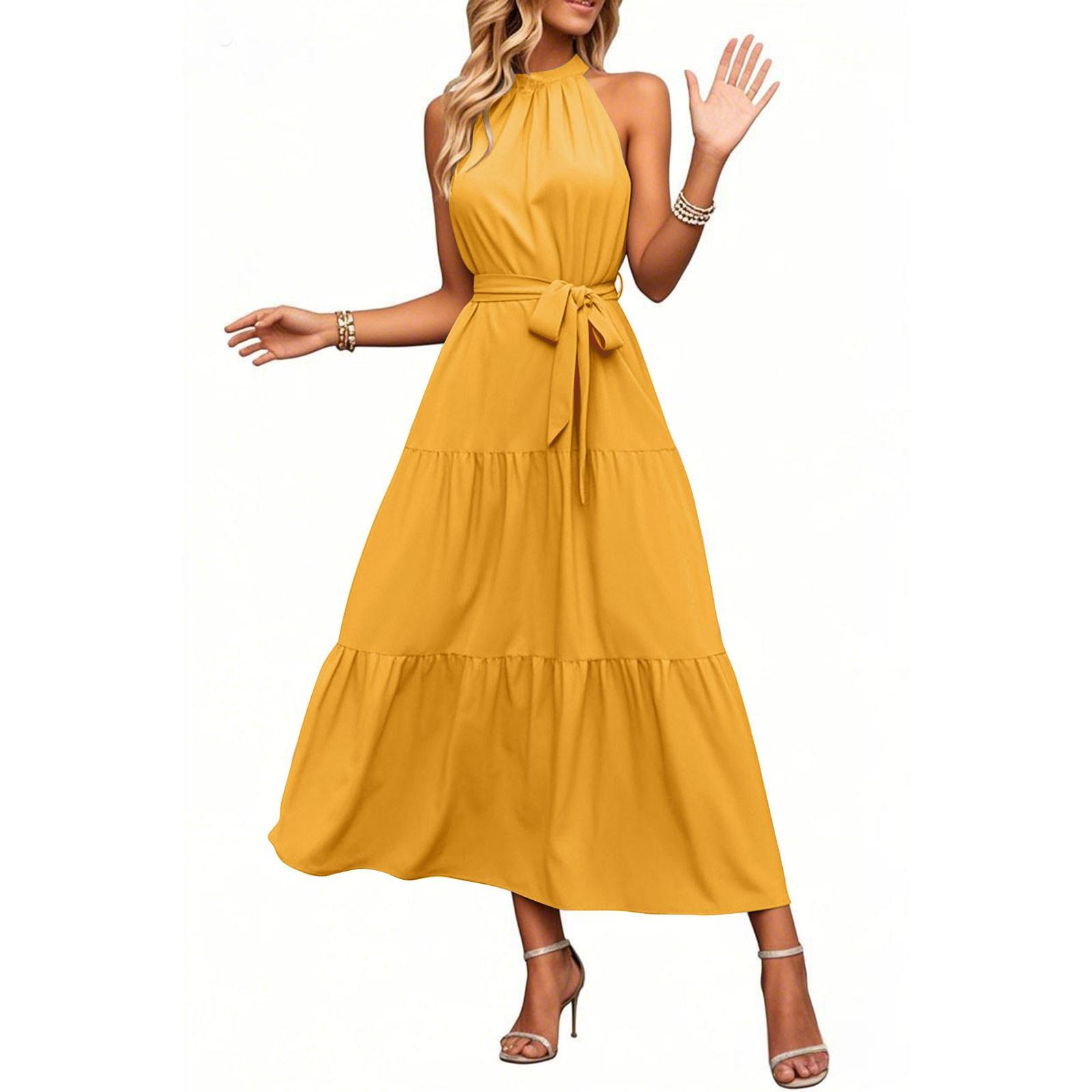 

Женский сарафан без рукавов с струящимся подолом в стиле бохо с поясом XL жёлтый