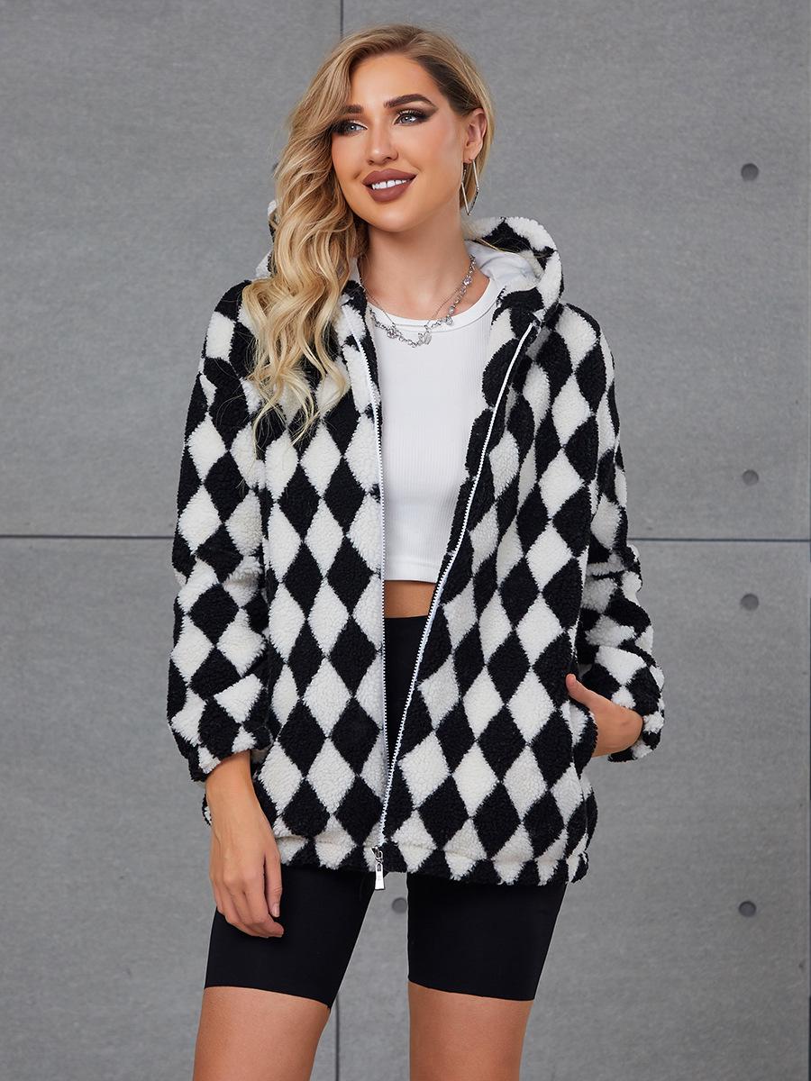 

2022 Европейское и американское женское клетчатое пальто с капюшоном из искусственного меха 2XL