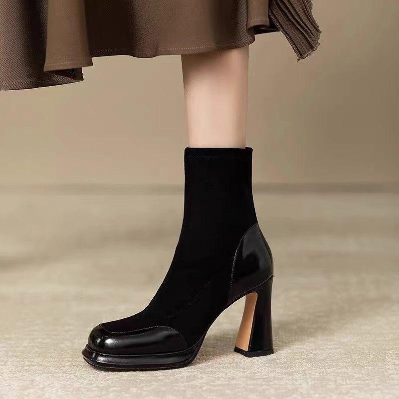 2026 New Thick Bottom Thick Heel Elastic Boots Waterproof Terrace Melad French High Heel Short Boots for Women