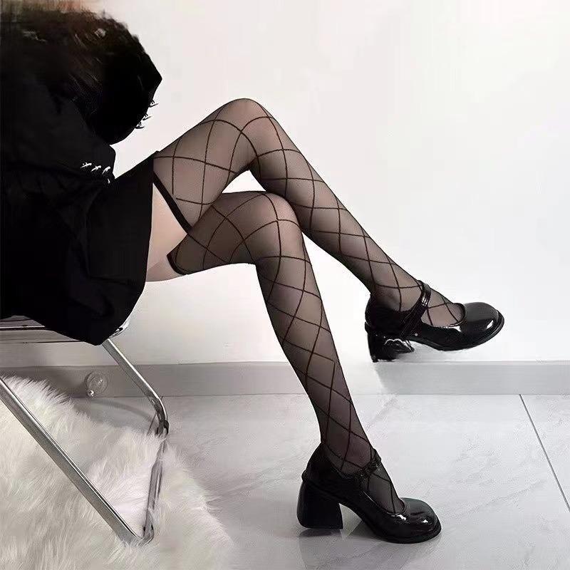 Women Sexy Grid Tights Stockings Summer Thin Breathable Over Knee Long Socks 15D Sheer Stocking Street Wear JK Lolita