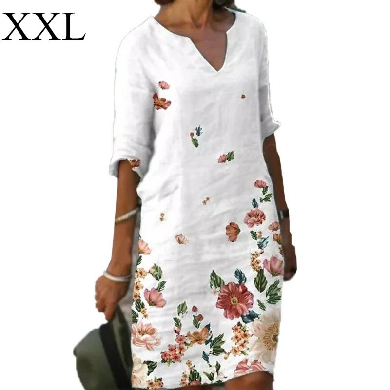 

2024 летнее новое женское хлопково-льняное платье с цветочным принтом, v-образным вырезом, старое винтажное свободное винтажное платье в стиле ретро, ​​свободное повседневное XL белый