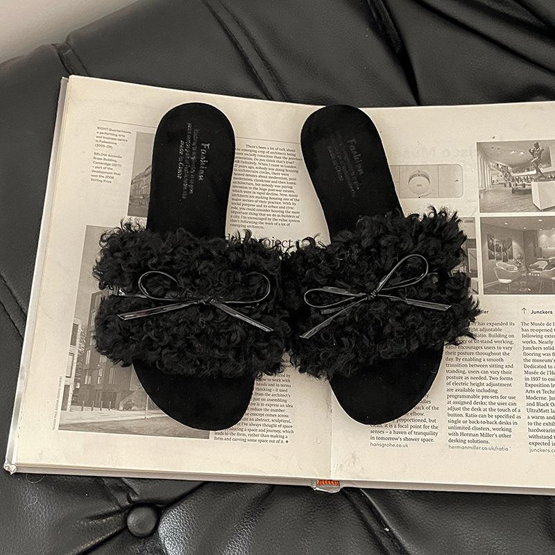 Retro Schleife Mädchen lässige flauschige Schuhe Herbst und Winter Mode vielseitige Hausschuhe einfach zu tragen bequem vielseitig Ein-Wort-Schlappen