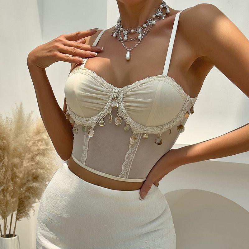 INS Pure Desire Mesh High Elastic Comfortable Lace Small Lace Shell Ornaments Steel Ring Pleated Pure Color Small Vest