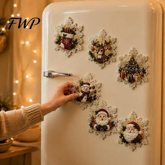Urlaubsparty-Gastgeschenke 6 Stück/Set Kühlschrankmagnete Kunst-Kit mit Kunstperlen, Weihnachts-Schneemann-Baum-Weihnachtsmann Funkelnde Strass-Verzierungen Magnete, DIY Mosaik
