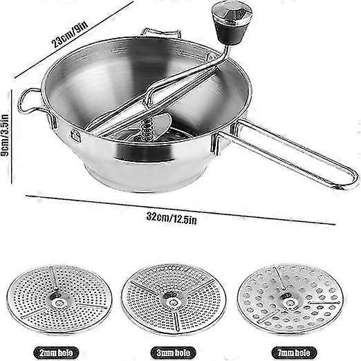 Food Mill Stainless Steel, 32cm Hand Crank Baby Food Grinder Rotary Food Mill Sieve Grater Jam Mill Unique Uses Durable Manual Food Grinder With 3 Dis