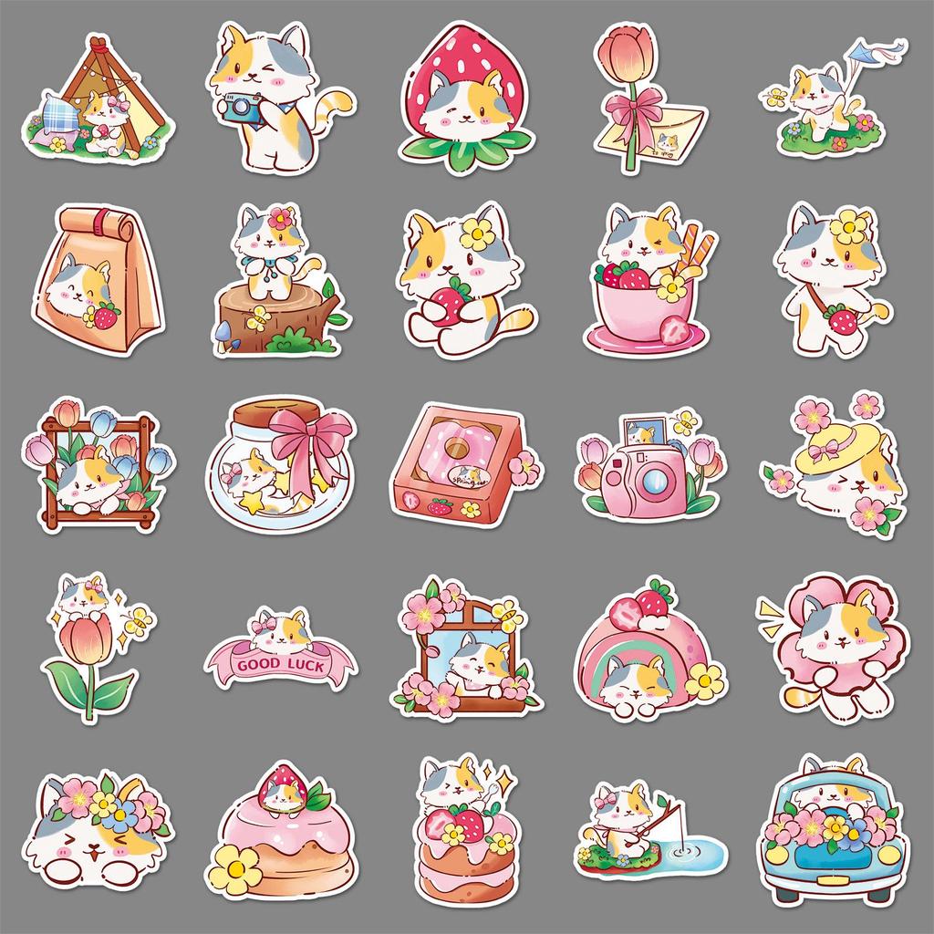50 Waterproof Spring Kitten Stickers - Cute Cartoon Animals, Decorative Mochi Stickers, Glue Drip Resistant, Pack of 50 Sheets
