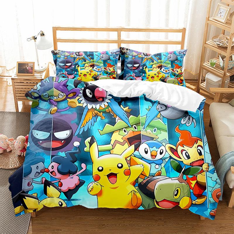 Pokemons Cartoon Anime Bedding Set Kawaii Pikachu Gengar Eevee Charizard Quilt Duvet Cover Pillowcase Kid Bed Set Twin King Size