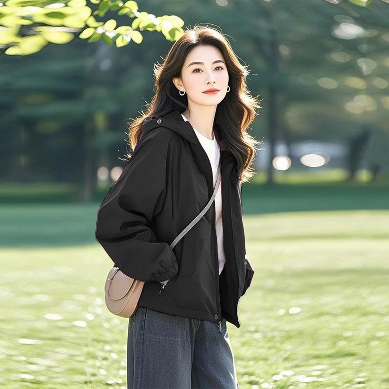 2026 Spring and Autumn New Solid Color Women s Jacket Casual Versatile Hooded Coat M чёрный